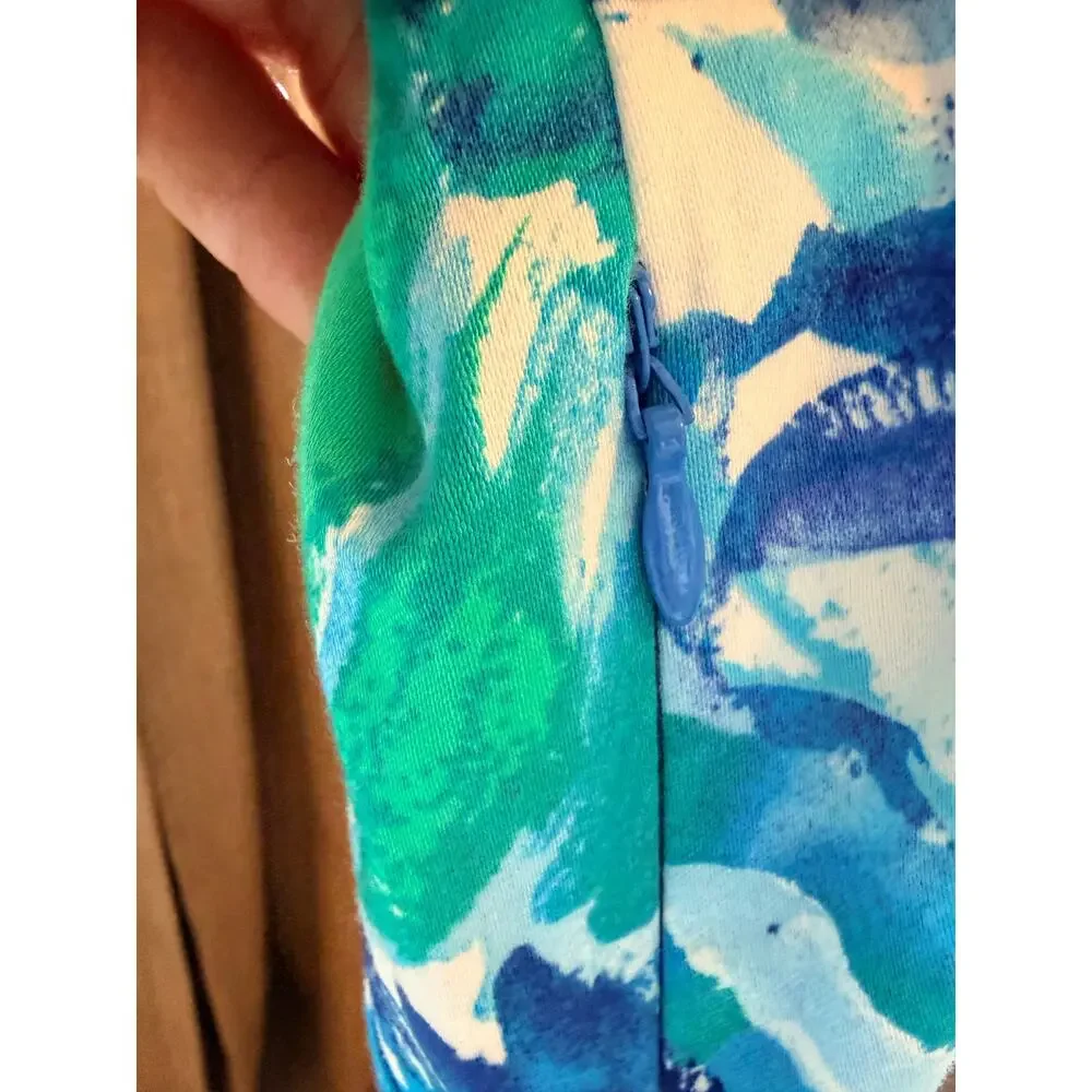 Papagallo blue and green floral V-neck cotton blend dress 8 EUC
